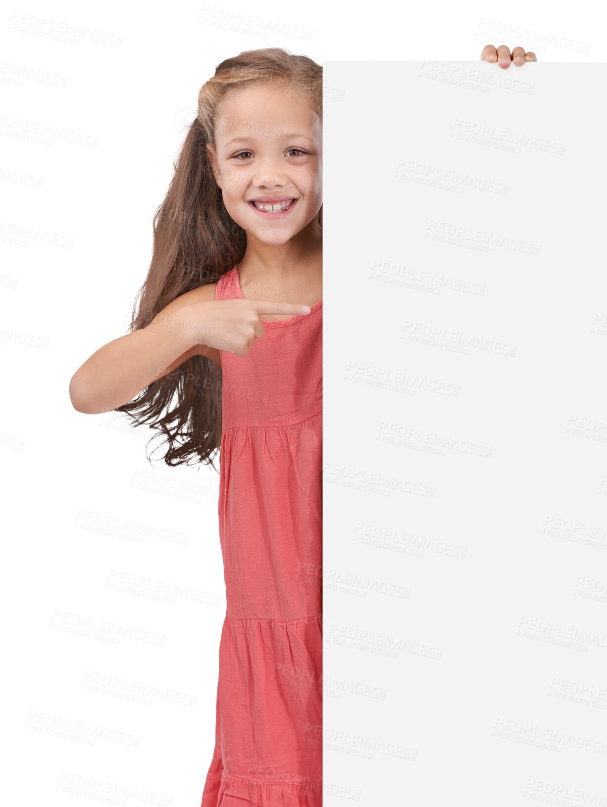 Buy stock photo Portrait, space and a girl pointing to a poster isolated on a transparent background for marketing or advertising. Smile, mockup and cute young child showing a paper sign for information on PNG