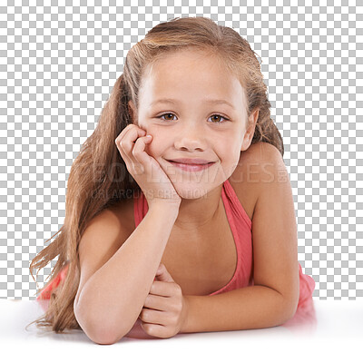 Buy stock photo Child, girl and smile portrait for fashion or trendy style, isolated on transparent png background. Female person, face and happy for relax confidence or cool clothes for kindergarten, school or play