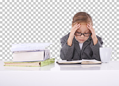 Buy stock photo Child, books and headache with stress, suit and serious as businesswoman on isolated transparent png background. Corporate wear, glasses or entrepreneur girl, alone or formal for job, work or adhd
