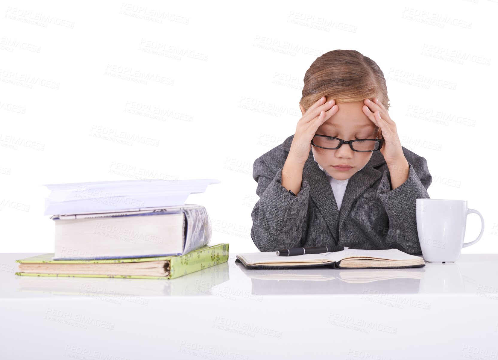 Buy stock photo Child, books and headache with stress, suit and serious as businesswoman on isolated transparent png background. Corporate wear, glasses or entrepreneur girl, alone or formal for job, work or adhd
