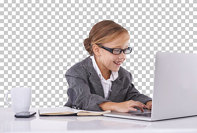 Buy stock photo Child, business or laptop or suit play outfit or future boss dream, isolated on transparent png background. Girl, glasses or smile or study work cosplay or coffee professional, funny or kindergarten
