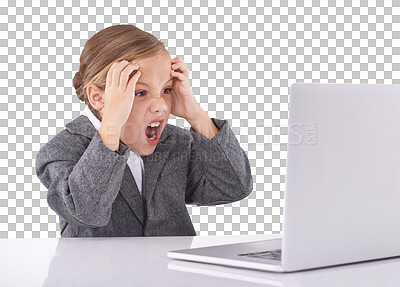 Buy stock photo Girl, child and laptop suit play for business angry or childhood boss dream, isolated on transparent png background. Female person, shock or future manager cosplay, online connection or kindergarten