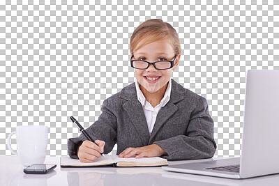 Buy stock photo Girl, student and happy portrait for business by desk, laptop and career in studio mockup. Child, young face or glasses in vision for study, corporate office or isolated on transparent png background