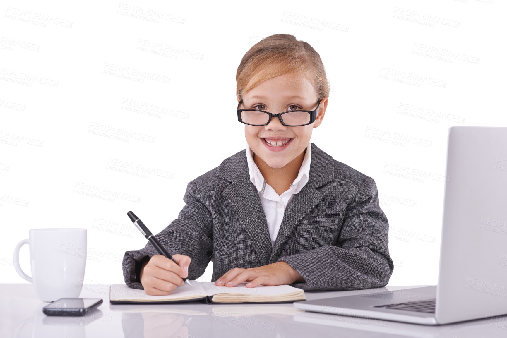 Buy stock photo Girl, student and happy portrait for business by desk, laptop and career in studio mockup. Child, young face or glasses in vision for study, corporate office or isolated on transparent png background