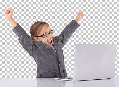 Buy stock photo Winner, business and child with celebration on laptop for career, work and professional job. Excited, winning and young girl on computer with online bonus on isolated, png and transparent background