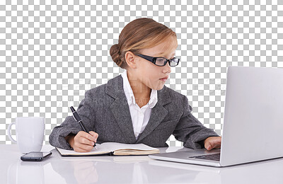 Buy stock photo Child, girl and glasses for laptop in corporate, work or career in business. Youth, kid or model for reading, email or message for notebook, pen and write on isolated or a transparent png background