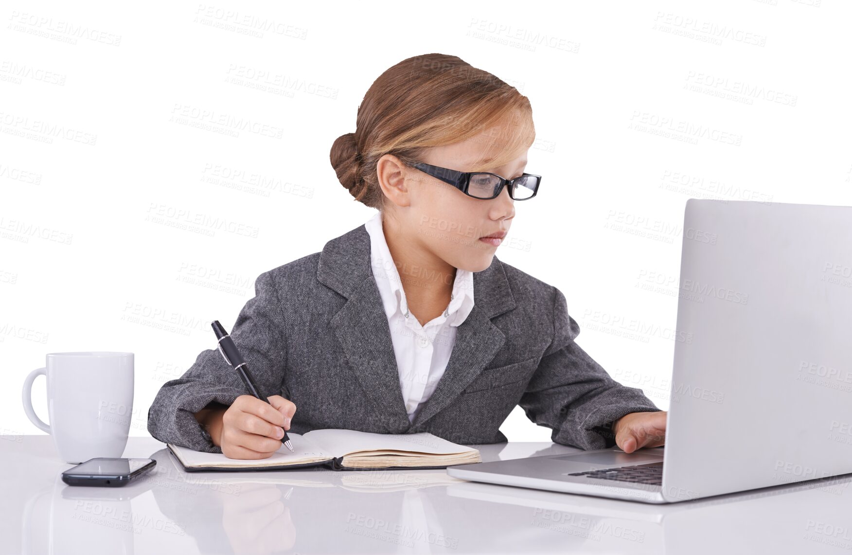 Buy stock photo Child, girl and glasses for laptop in corporate, work or career in business. Youth, kid or model for reading, email or message for notebook, pen and write on isolated or a transparent png background