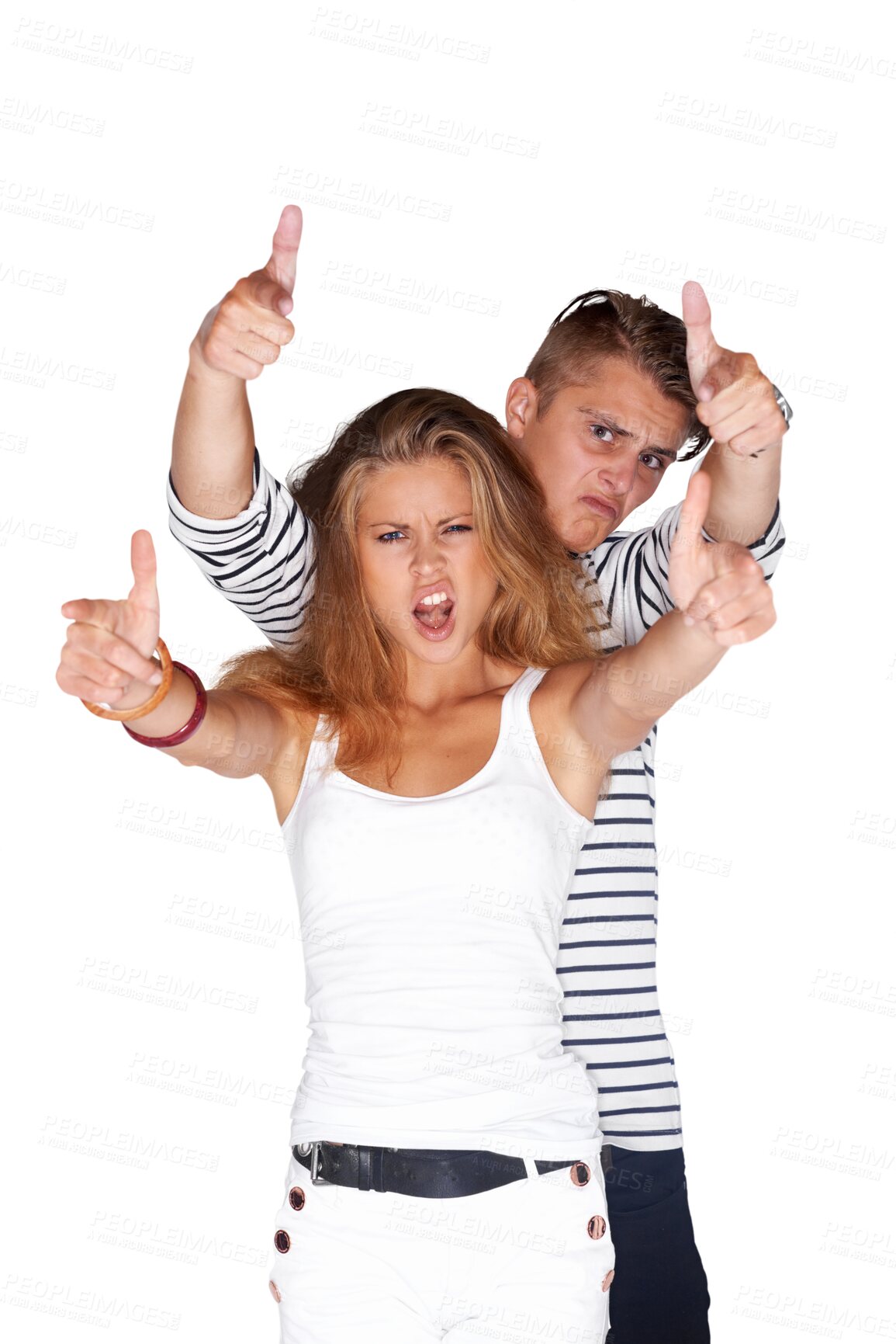 Buy stock photo Portrait, couple and finger gun, pointing at you and isolated on transparent png background. Angry man, woman and shooting hand gesture, bang or aim at target to kill with pistol for stylish fashion