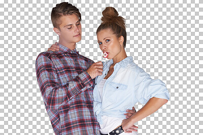 Buy stock photo Man, woman and lollipop for eating in portrait, together and hold for trendy clothes. Model, friends or hipster with cool style, candy or sweet on isolated or a transparent png background for fashion