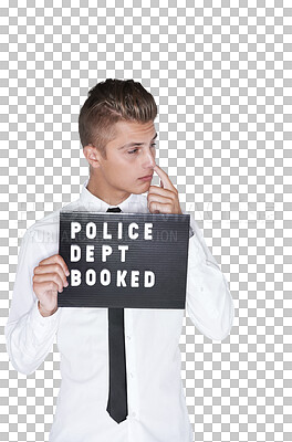 Buy stock photo Man, mugshot and prison for crime, youth and police department sign on isolated transparent png background. Criminal, alone and young with hand on nose, trouble and jail if guilty, rebel and cool