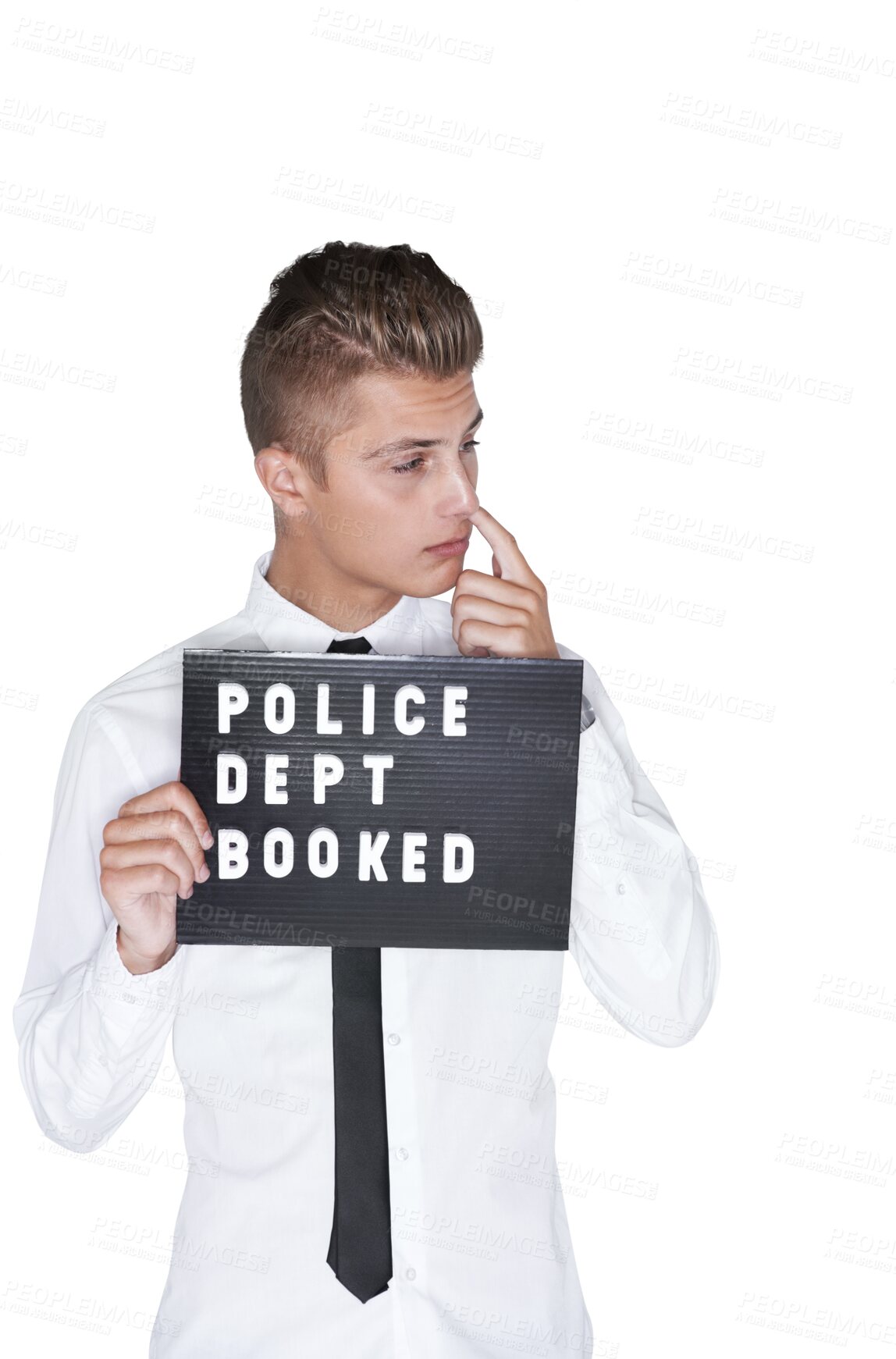 Buy stock photo Man, mugshot and prison for crime, youth and police department sign on isolated transparent png background. Criminal, alone and young with hand on nose, trouble and jail if guilty, rebel and cool