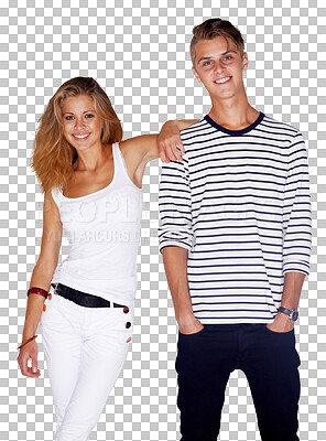 Buy stock photo Fashion, couple and smile in portrait, pose and cool or trendy, vintage and retro clothing. Happy man and woman, positive and face of hipster, casual and isolated on transparent png background