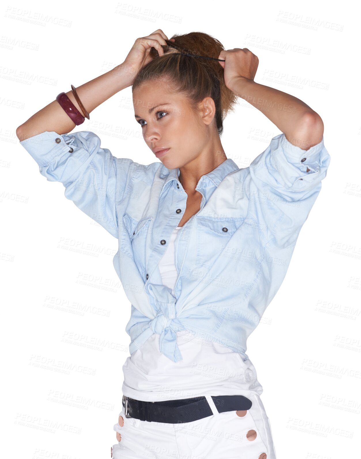 Buy stock photo Woman tie hair for hairstyle, beauty and isolated on transparent png background. Person tying for haircare, preparation or ponytail for fashion, natural health or care, style or band of girl thinking