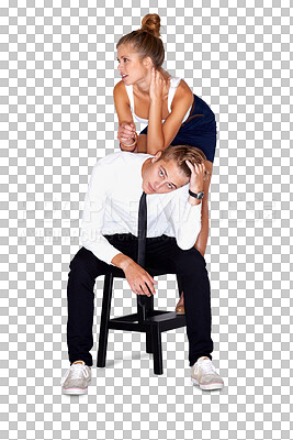 Buy stock photo Fashion, chair and a young couple isolated on a transparent background together for trendy style. Portrait, love or luxury with a man and woman model on PNG in a clothes outfit for a romantic date