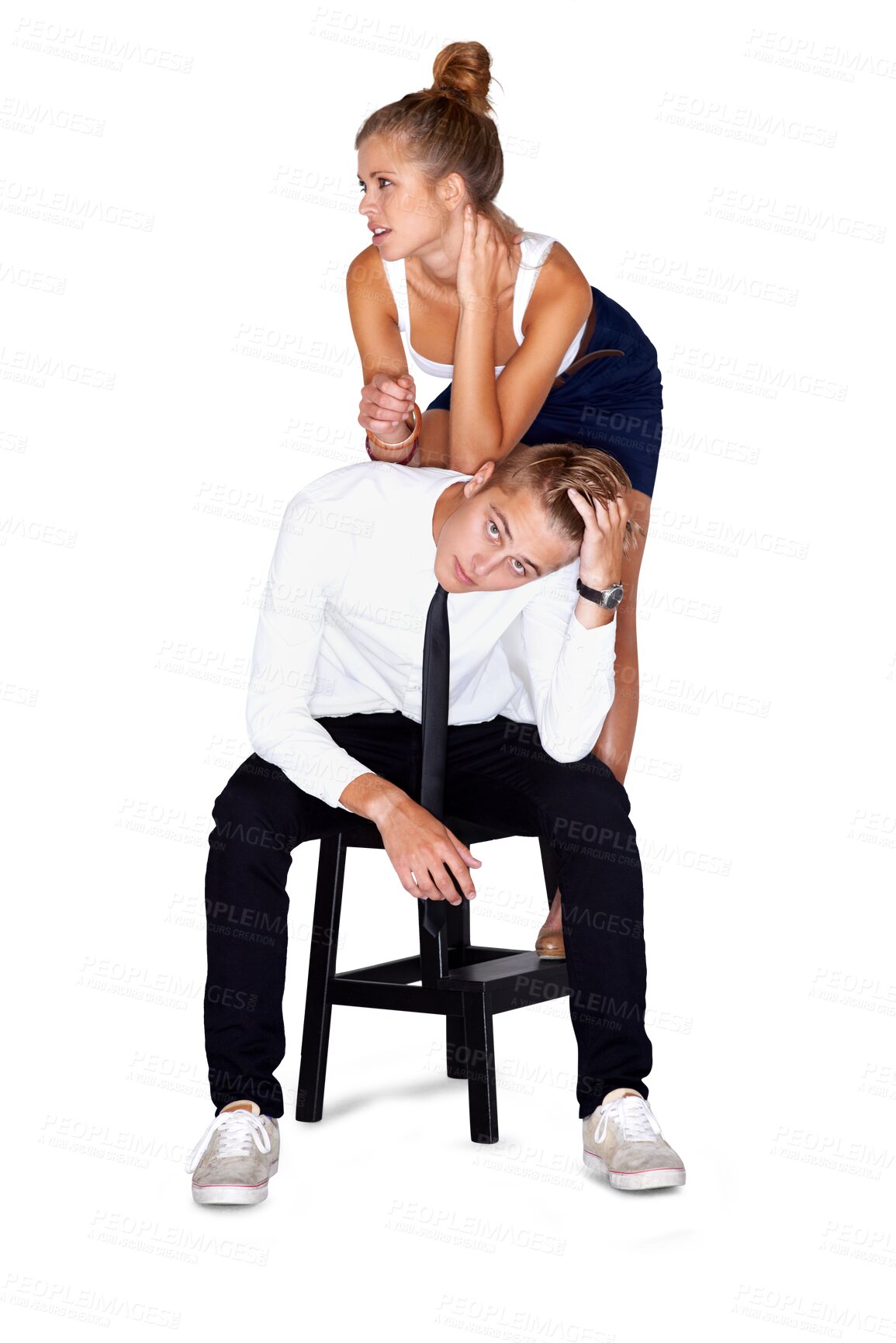 Buy stock photo Fashion, chair and a young couple isolated on a transparent background together for trendy style. Portrait, love or luxury with a man and woman model on PNG in a clothes outfit for a romantic date