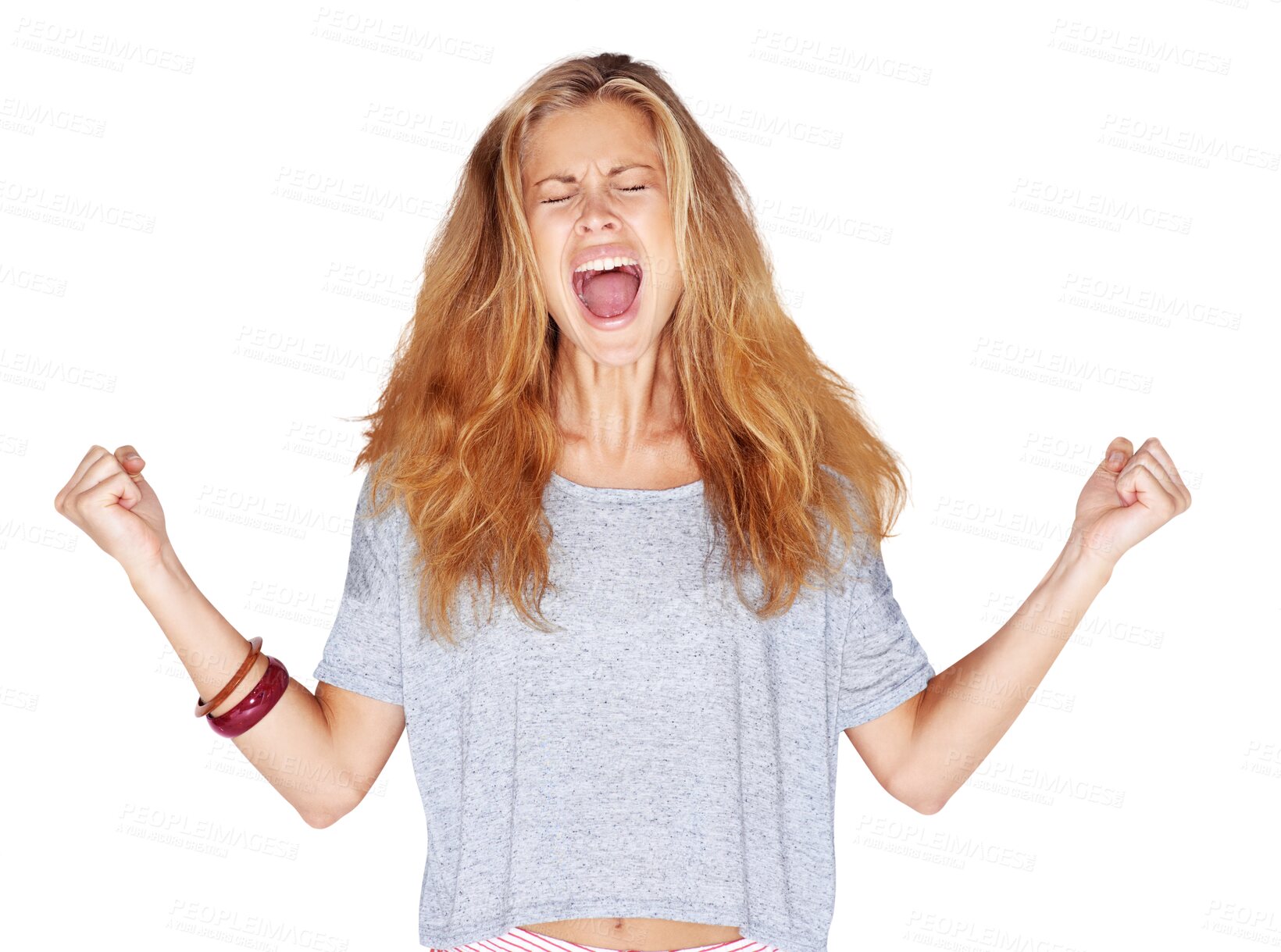 Buy stock photo Isolated woman, screaming and frustrated with fist for stress, depression and anger by transparent png background. Girl, shouting and voice with noise for mental health, scared and fear with crying