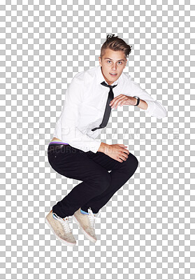 Buy stock photo Young man, portrait and jumping in air with stylish clothing or fashion isolated on a transparent PNG background. Attractive or handsome male person or casual model in midair jump with funky style