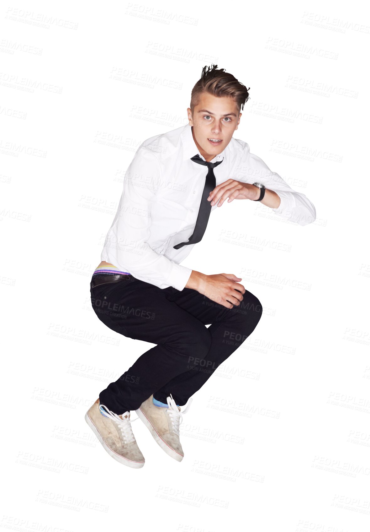 Buy stock photo Young man, portrait and jumping in air with stylish clothing or fashion isolated on a transparent PNG background. Attractive or handsome male person or casual model in midair jump with funky style