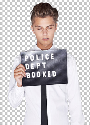 Buy stock photo Man, mugshot and drunk for crime, youth and police department sign on isolated transparent png background. Criminal, alone and young with eyes closed, trouble and prison if guilty, rebel and cool