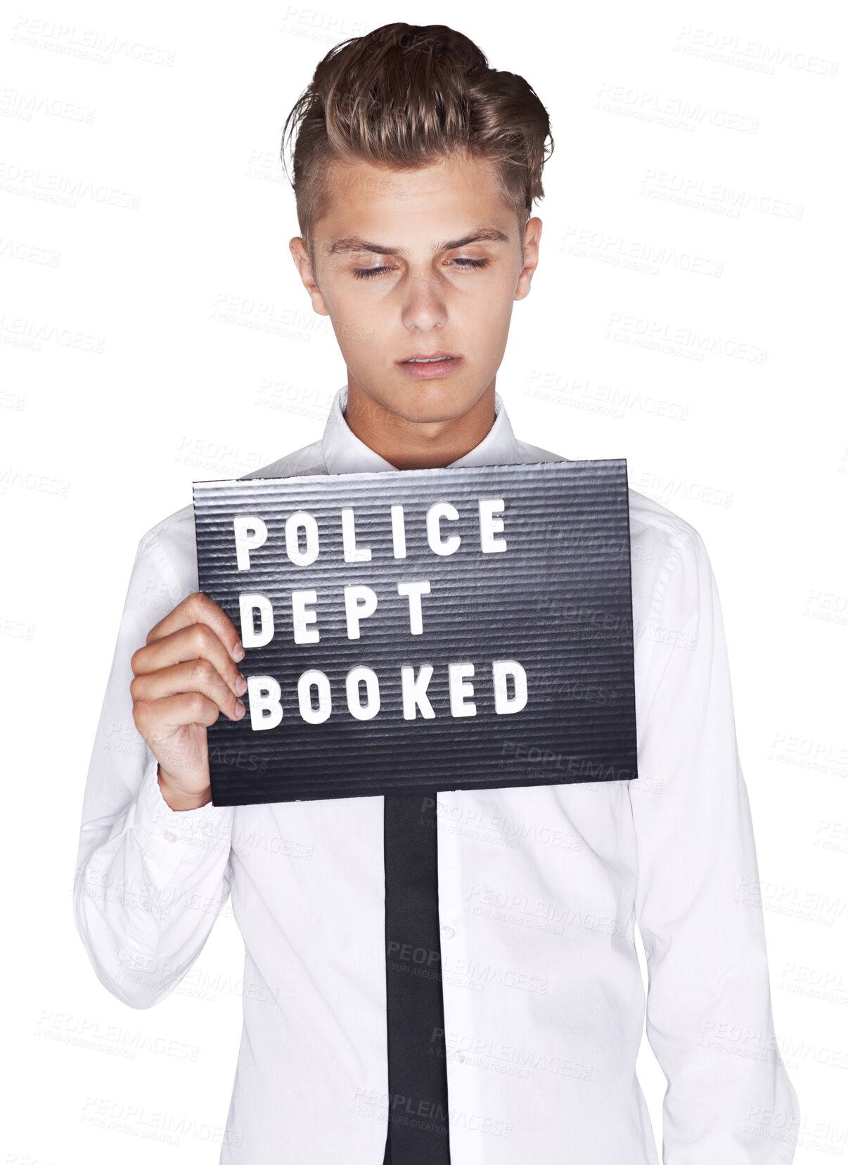 Buy stock photo Man, mugshot and drunk for crime, youth and police department sign on isolated transparent png background. Criminal, alone and young with eyes closed, trouble and prison if guilty, rebel and cool