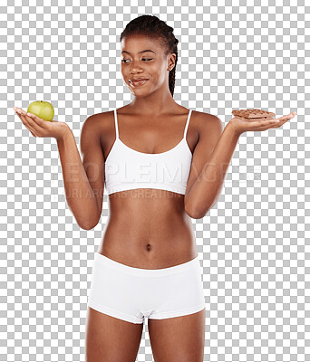 Choice, apple and black woman with chocolate for health decision and isolated in gray studio background with junk food. Balance, wellness and African person holding fruit and sweet, dessert or candy