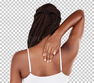 Studio, hand or black woman with back pain isolated on a white background after accident emergency. Injury, muscle tension or person with body ache with joint strain, sore or swollen with stress