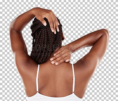 Studio, hands or black woman with neck pain isolated on a white background after accident emergency. Back, muscle tension or girl with body ache with joint strain, sore injury or swollen with stress
