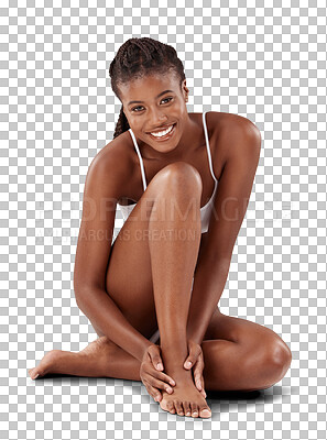 Portrait, skincare and black woman on the floor, smile or wellness with dermatology, wellness or manicure. Female person, girl or model on the ground, cosmetics or beauty on a white studio background