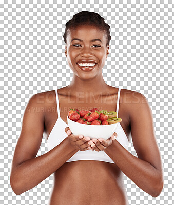 Healthy, portrait and black woman with fruit on a studio background for a diet to lose weight. Happy, wellness and an African model or girl with breakfast food, morning nutrition or eating for detox
