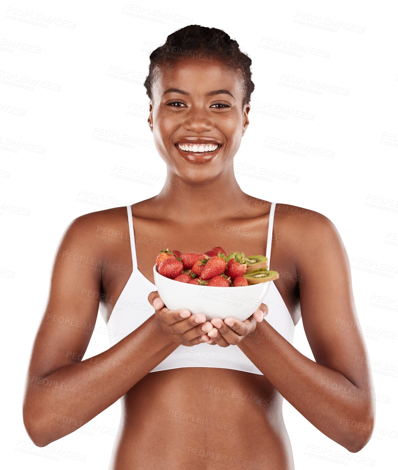 Buy stock photo Health, portrait and black woman with fruit, salad or healthy breakfast bowl on isolated, transparent or png background. Weight loss, nutrition and face of nutritionist with organic snack for detox