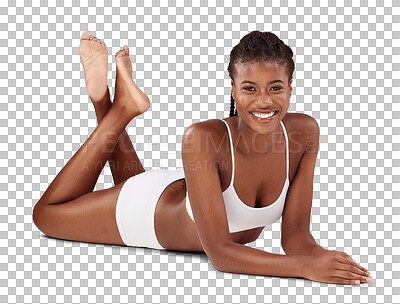 Portrait, fitness and body with a model black woman on a studio floor against a gray background for lifestyle. Beauty, skincare and smile with a happy young female person posing for wellness