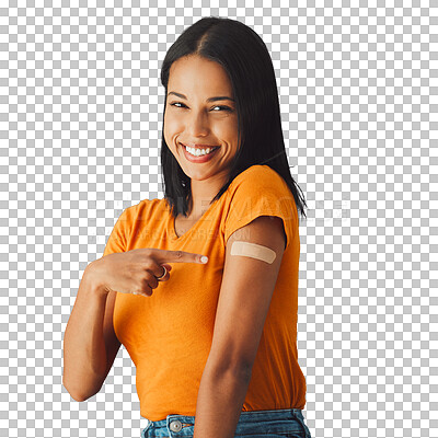 Buy stock photo Happy woman, portrait and show vaccine plaster, medicine and prevention isolated on a transparent png background. Smile, pointing and person with bandage on arm for health, virus and covid immunity