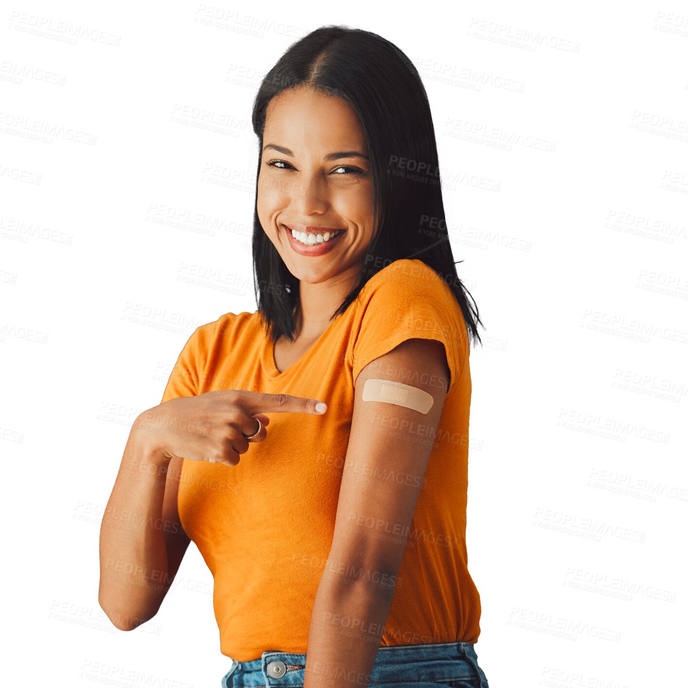 Buy stock photo Happy woman, portrait and show vaccine plaster, medicine and prevention isolated on a transparent png background. Smile, pointing and person with bandage on arm for health, virus and covid immunity