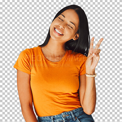 Happy woman with smile, peace hand sign and Gen z youth, freedom and fashion isolated on studio background. Happiness, mindset and v emoji, beauty with young person, eyes closed and care free