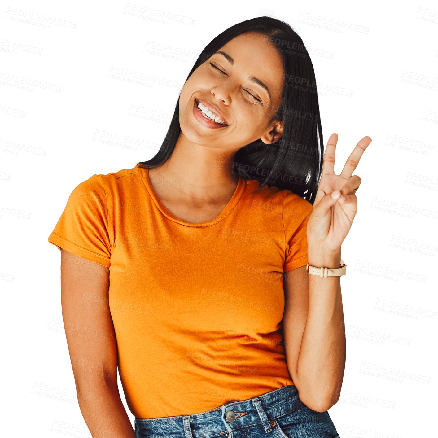 Buy stock photo Happy, woman and smile with peace sign, fashion and isolated on transparent png studio background. Happiness, eyes closed and face with beauty, freedom and young person for carefree, cool and fun