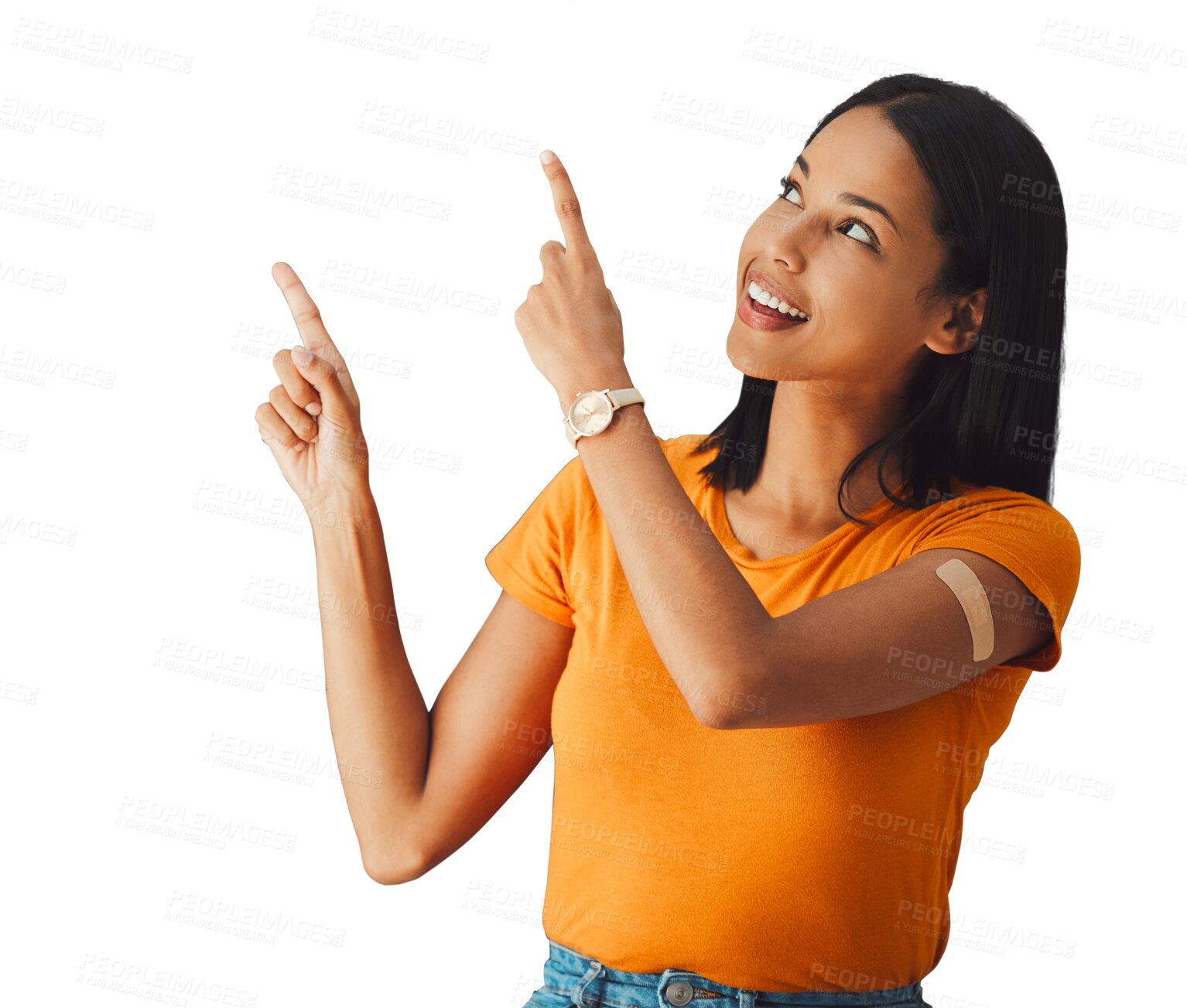 Buy stock photo Woman, hands and pointing with plaster, vaccine and healthcare on isolated, png and transparent background. Health, hand gesture and person with bandage for vaccination, medical shot and immunity