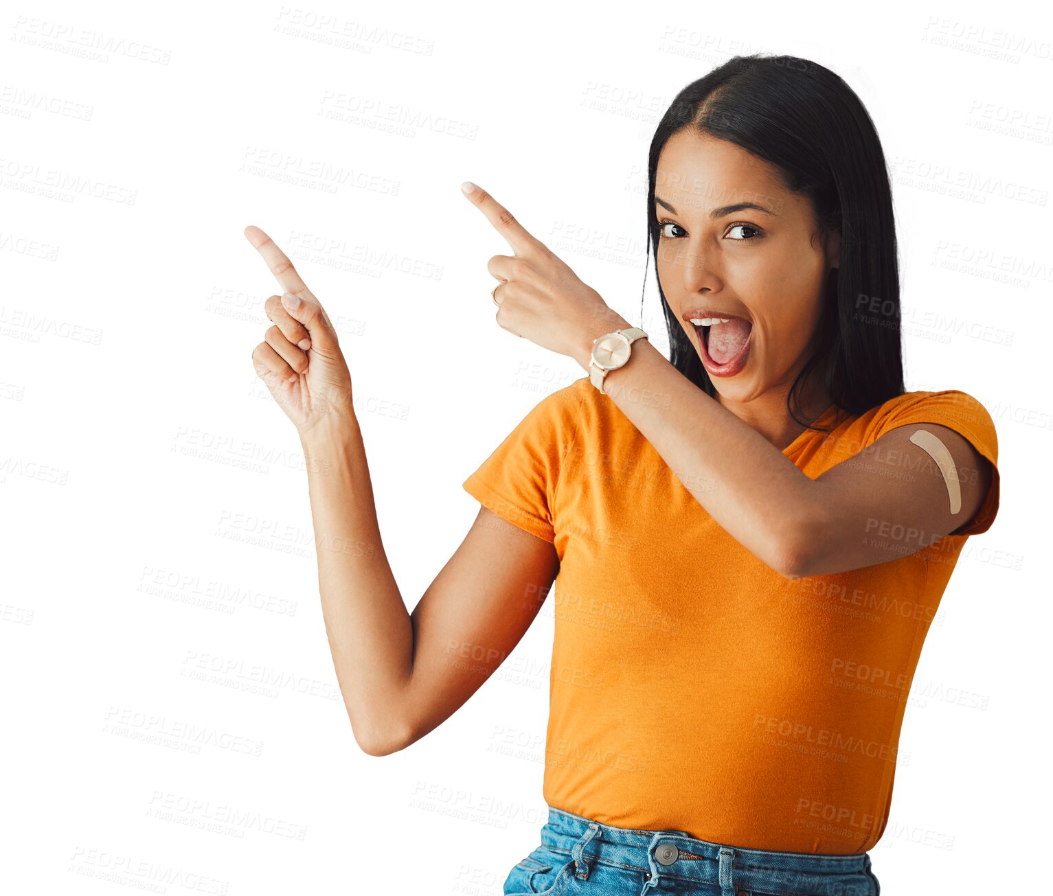 Buy stock photo Woman, portrait and pointing with plaster, vaccine and healthcare on isolated, png and transparent background. Excited, hand gesture and person with bandage for vaccination, medical shot and immunity