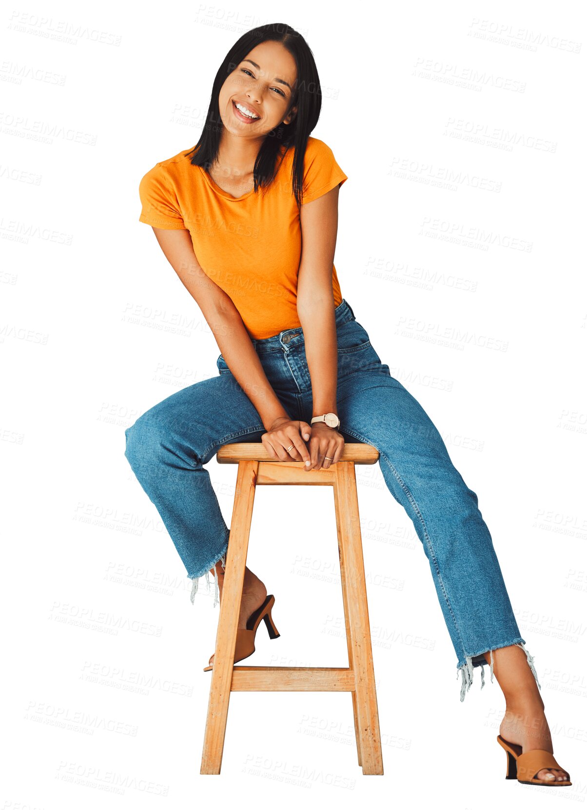 Buy stock photo Woman, smile or fashion portrait on chair, trendy clothes or gen z aesthetic in studio mockup. Happy model, beauty face or stool for relax or calm, creative or isolated on transparent png background