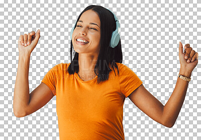 Buy stock photo Happy woman, headphones and dance listening to music isolated on a transparent PNG background. Female person smile and enjoying audio streaming, sound track or podcast for entertainment with headset