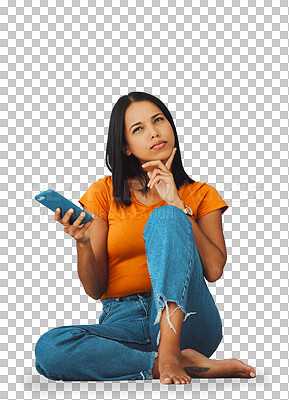 Buy stock photo Young woman, phone and thinking on floor for college decision, university choice or social media ideas. Student relax on ground with mobile and search for inspiration on a transparent, png background