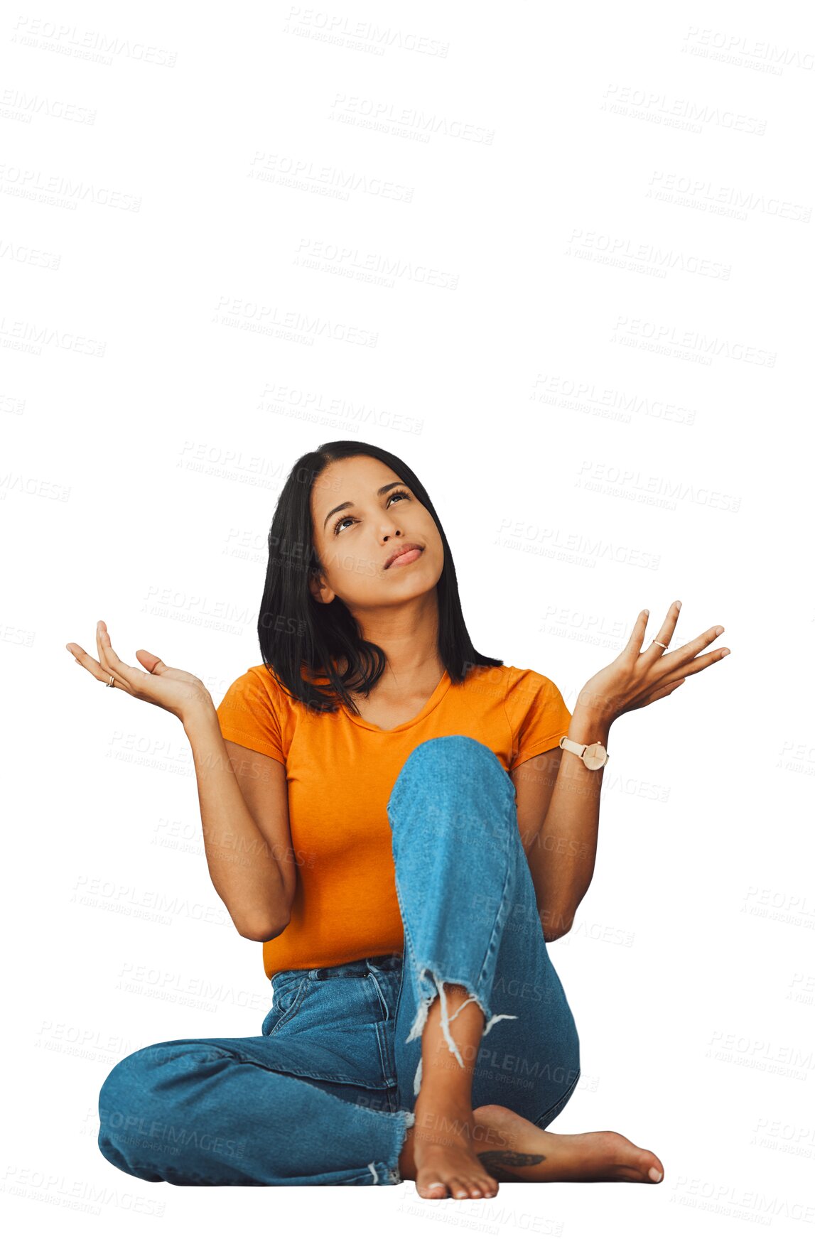 Buy stock photo Woman, thinking and question with hands for why, idea and decision on mind on floor. Young model, brainstorming and doubt choice with strategy, solution and isolated on transparent png background