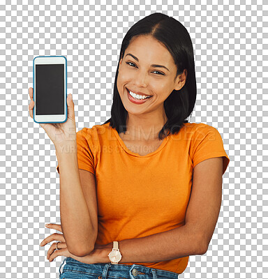 Buy stock photo Isolated woman, blank phone and portrait with smile for mockup space by transparent png background. Girl, empty smartphone screen and happy for promotion, social media and presentation of mobile app