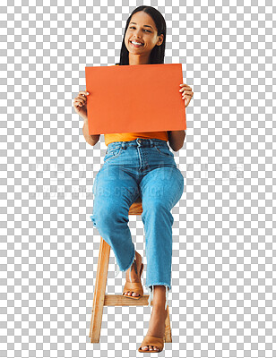 Woman, banner portrait and mockup poster space for sale, discount or promotion. Happy model with advertising for product placement, logo or branding on billboard, orange paper sign, studio background