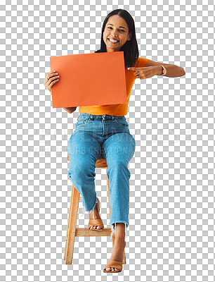 Buy stock photo Happy woman, presentation and poster mockup for marketing, information and news or announcement on a chair. Young person in portrait with space for opportunity isolated on transparent, png background
