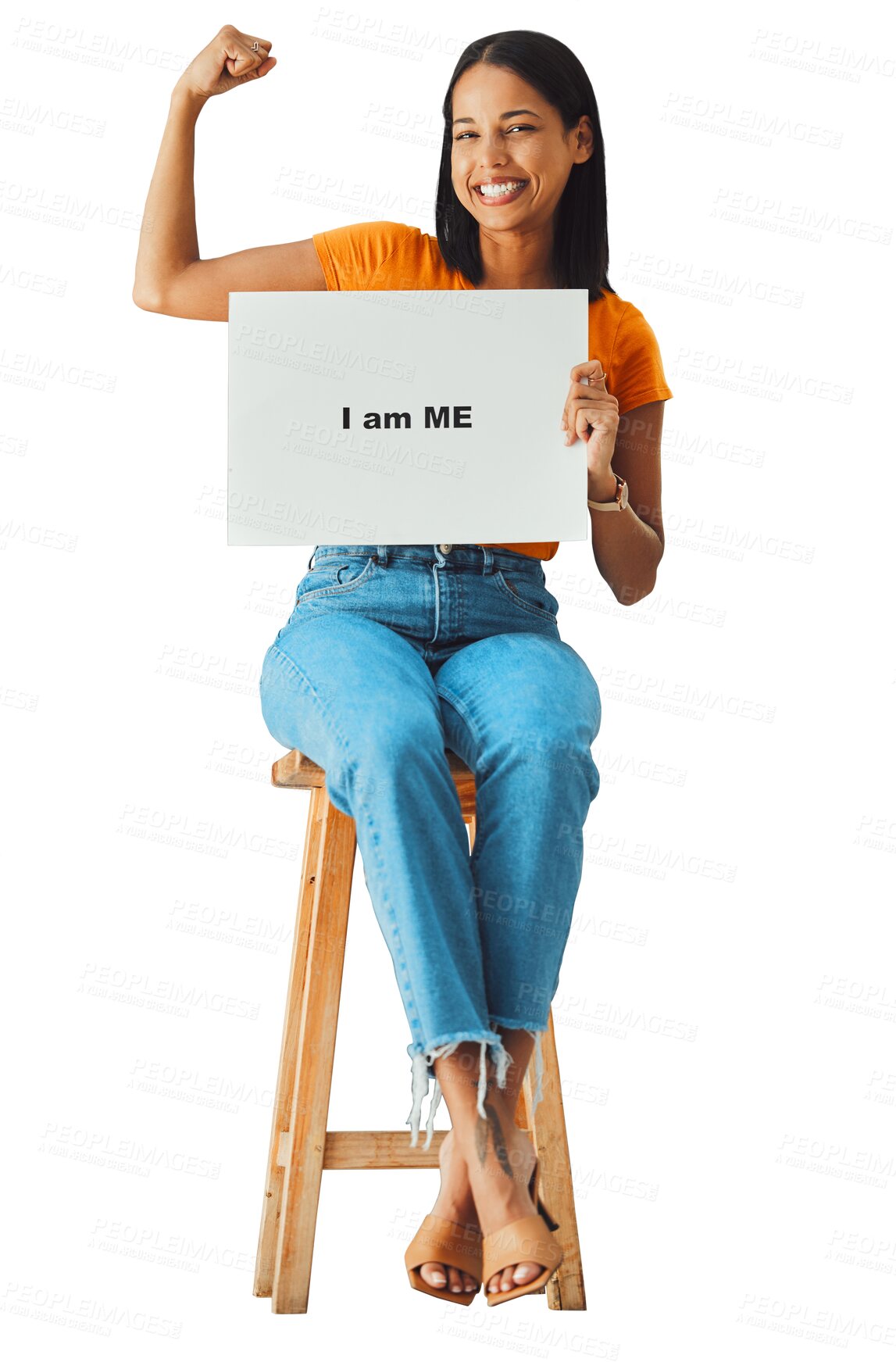 Buy stock photo Smile portrait, poster and woman with strong arm for body positivity, self love on with confidence. Billboard, banner and girl advertising confident, pride and isolated on transparent png background 