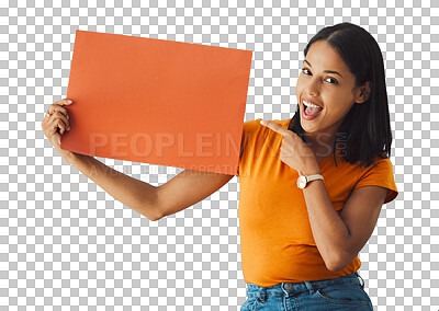 Buy stock photo Woman, presentation and wow for poster mockup with marketing, news or education announcement. Happy student in portrait with surprise and space for opportunity isolated on transparent, png background