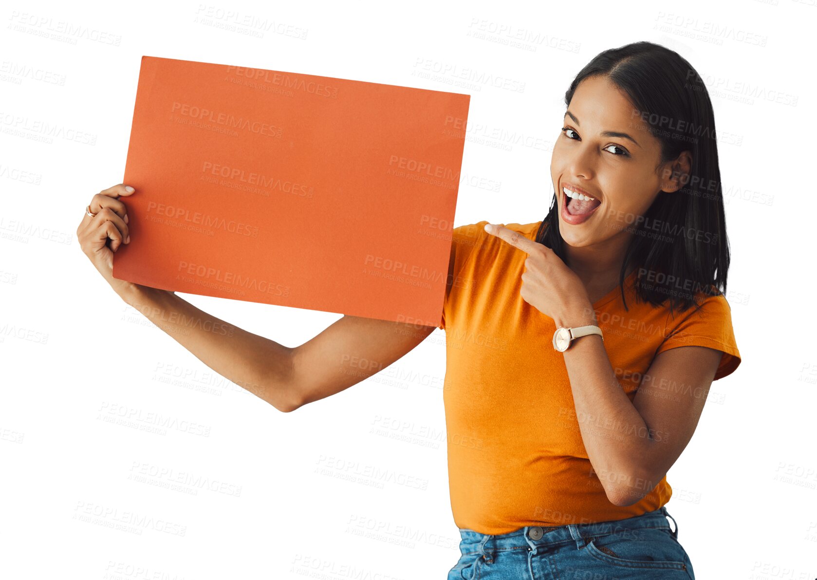 Buy stock photo Woman, presentation and wow for poster mockup with marketing, news or education announcement. Happy student in portrait with surprise and space for opportunity isolated on transparent, png background