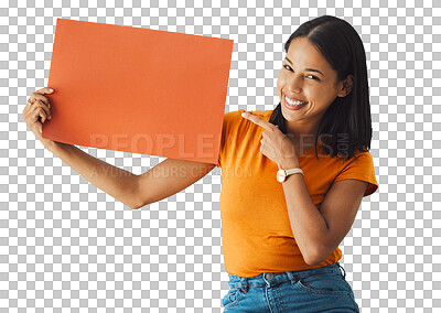 Woman, poster or banner portrait with mockup space for sale, discount or promotion. Happy model pointing hand advertising product placement, logo or brand billboard on paper sign on blue background