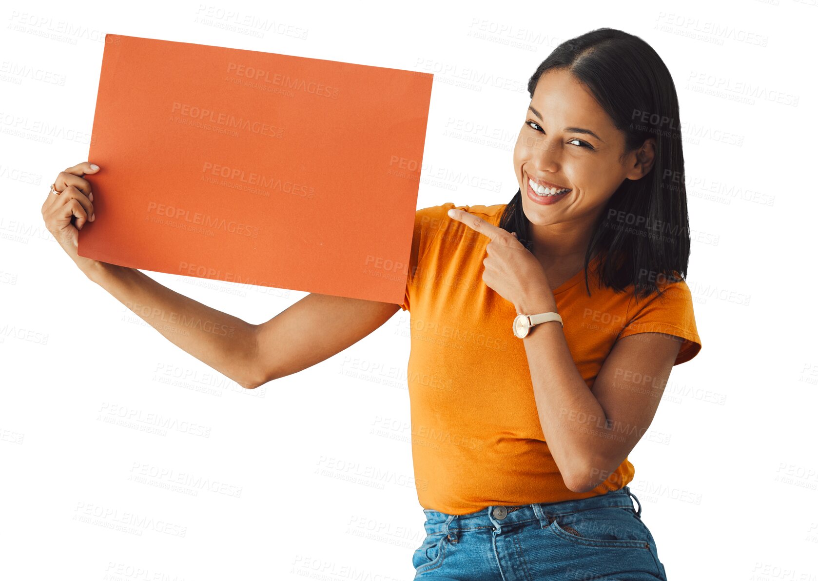 Buy stock photo Woman, presentation and poster mockup for advertising, news and learning or education announcement. Happy student in portrait pointing to space for opportunity isolated on transparent, png background