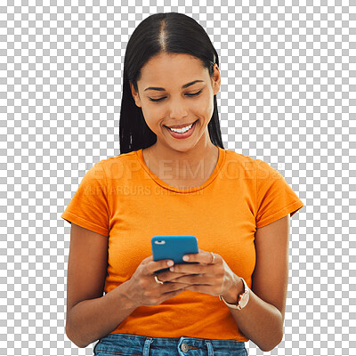 Texting, message and phone by woman on social media, mobile or app browsing a website, web or internet. Happy, smiling and female with notification chatting or typing online send an email